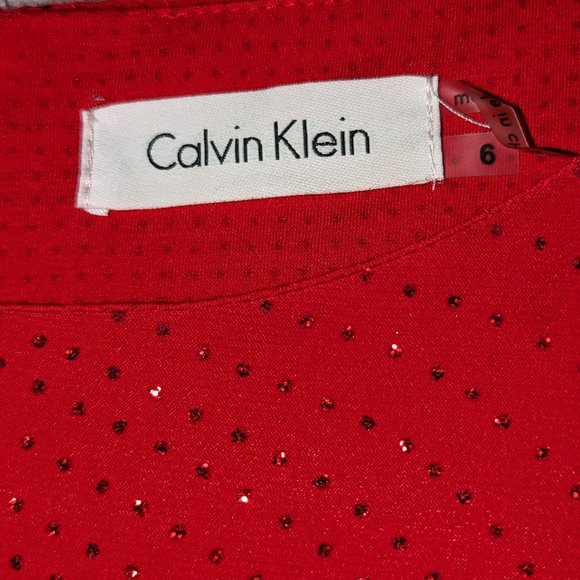 Calvin Klein red sequin scoop neck split bell sleeve red belted dress - Picture 4 of 16